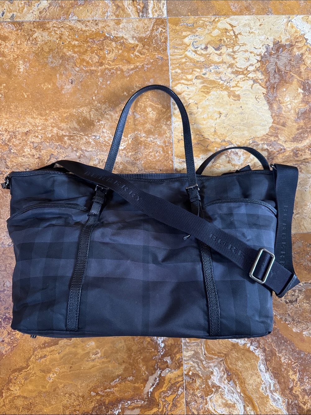 Burberry Black Check Pattern Diaper Tote Bag